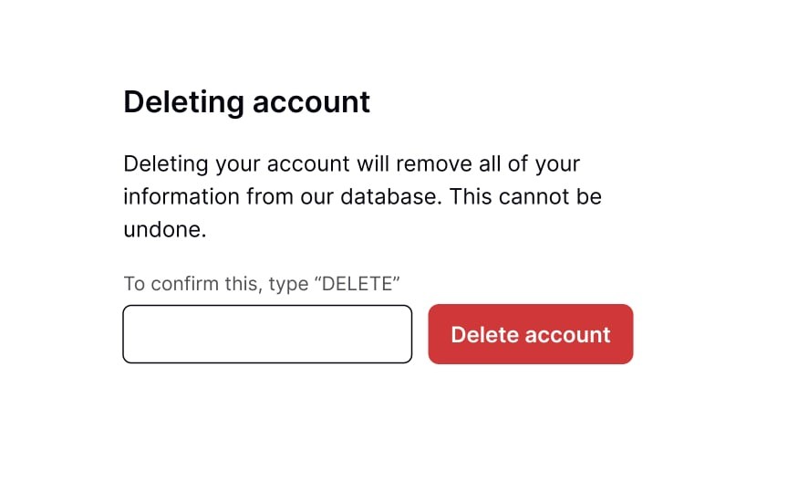 delete dialogue with a red "delete button" and a confirmation field