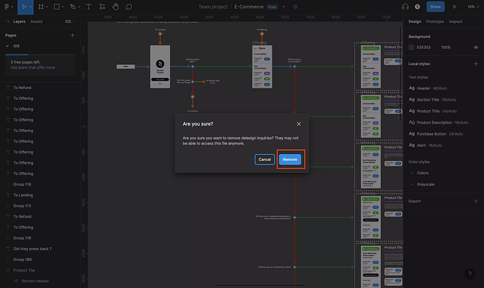 Figma interface showing a user flow with a pop-up asking, āAre you sure you want to remove delasign inquiries?ā with āCancelā and highlighted āRemoveā buttons.