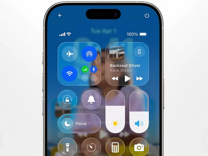 iPhone screen showing Apple’s updated Control Center — default settings feature low contrast and visual clutter, though users can adjust some elements, butthese accessibility tweaks aren’t enabled by default.