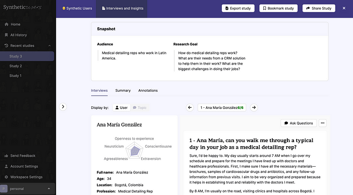 Screenshot of a UX tool showing a synthetic persona profile and interview for a study on medical reps in Latin America.