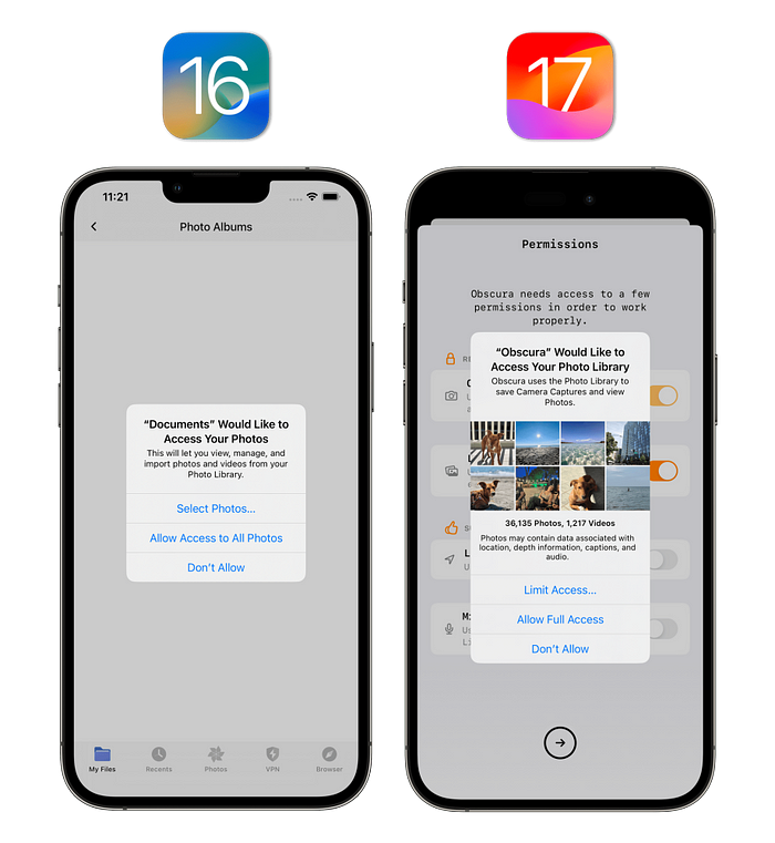 iOS 16 and 17 phones showcasing the permisson prompts