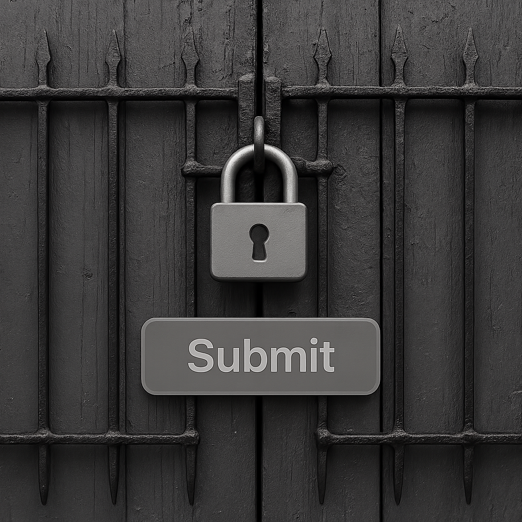 A gray metal padlock secures a gate, with a disabled-looking gray "Submit" button attached below it.